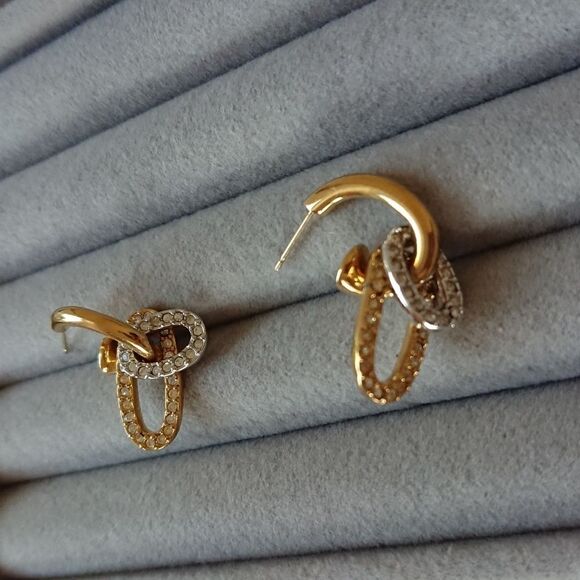 SWAROVSKI Gold Tone Crystals Double Oval Dangle pierced Earrings - Picture 6 of 8